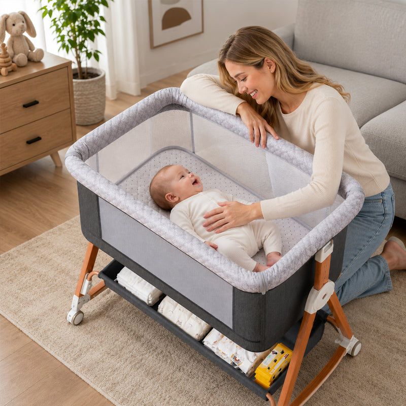 Kmaier Baby Bassinet 3 in 1 Foldable Portable Crib,6 Adjustable Height,with Wheels,Baby Bassinet Rocking-Dark Grey
