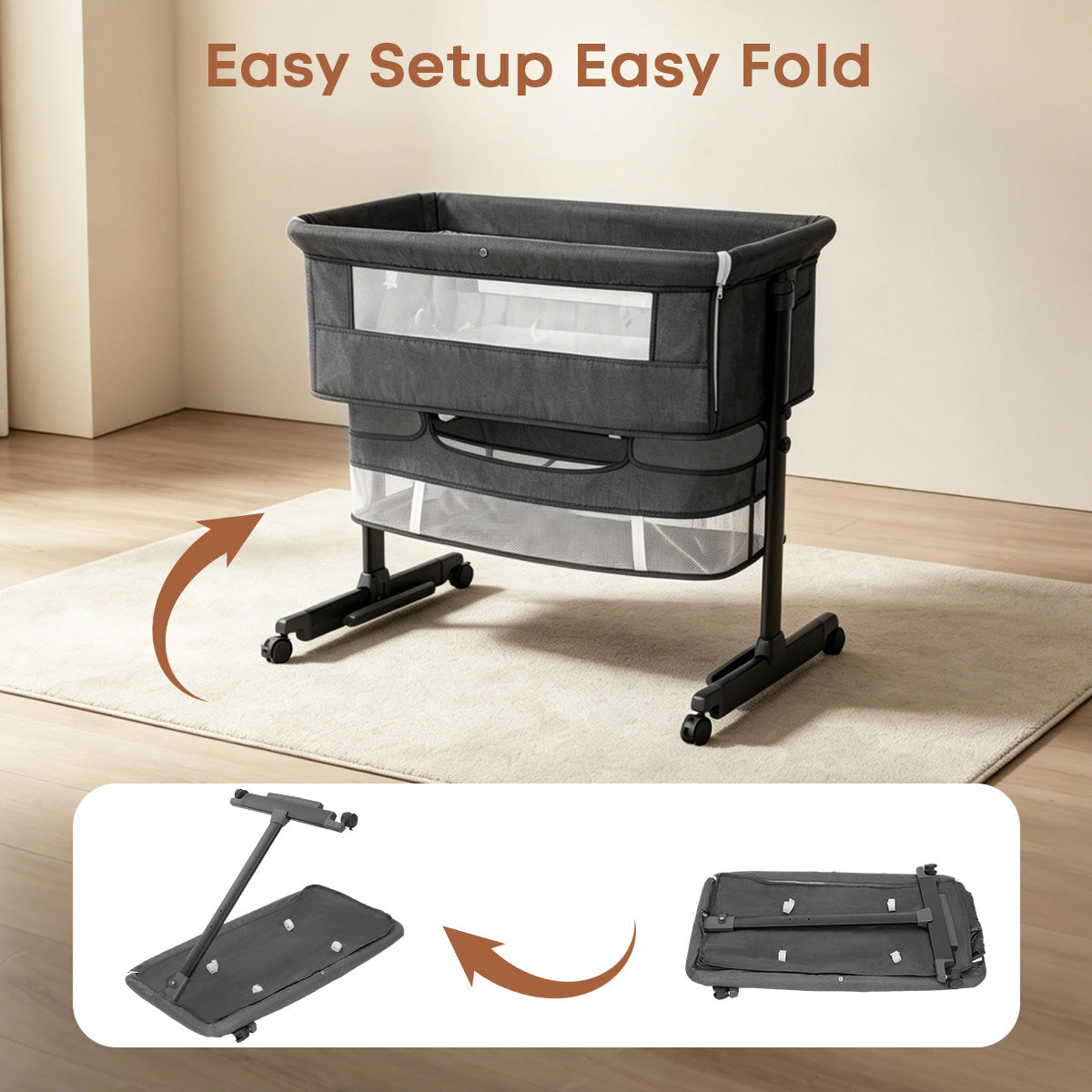 Baby Bassinet, 3 in 1 Bedside Bassinets for Baby, Bassinet Bedside Sleeper with Wheels, Adjustable Height with Rocking Mode, Breathable Mesh, Storage Basket, Easy Assemble & Folding