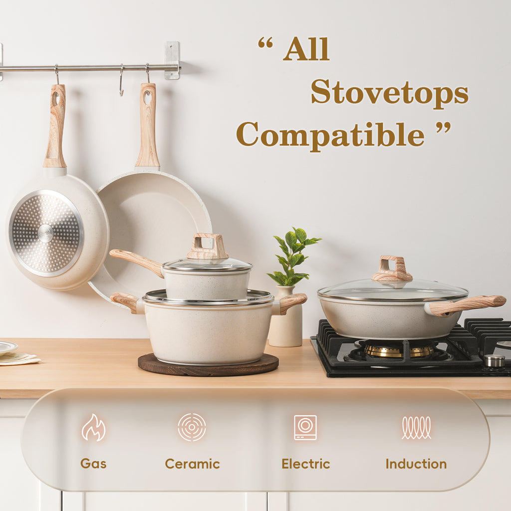 12 Pcs Pots and Pans Set, Nonstick Cookware Sets White Granite Induction Cookware, Non-toxic Healthy Non Stick Kitchen Cooking Set with Frying Pans Set, Saucepans,Steamer