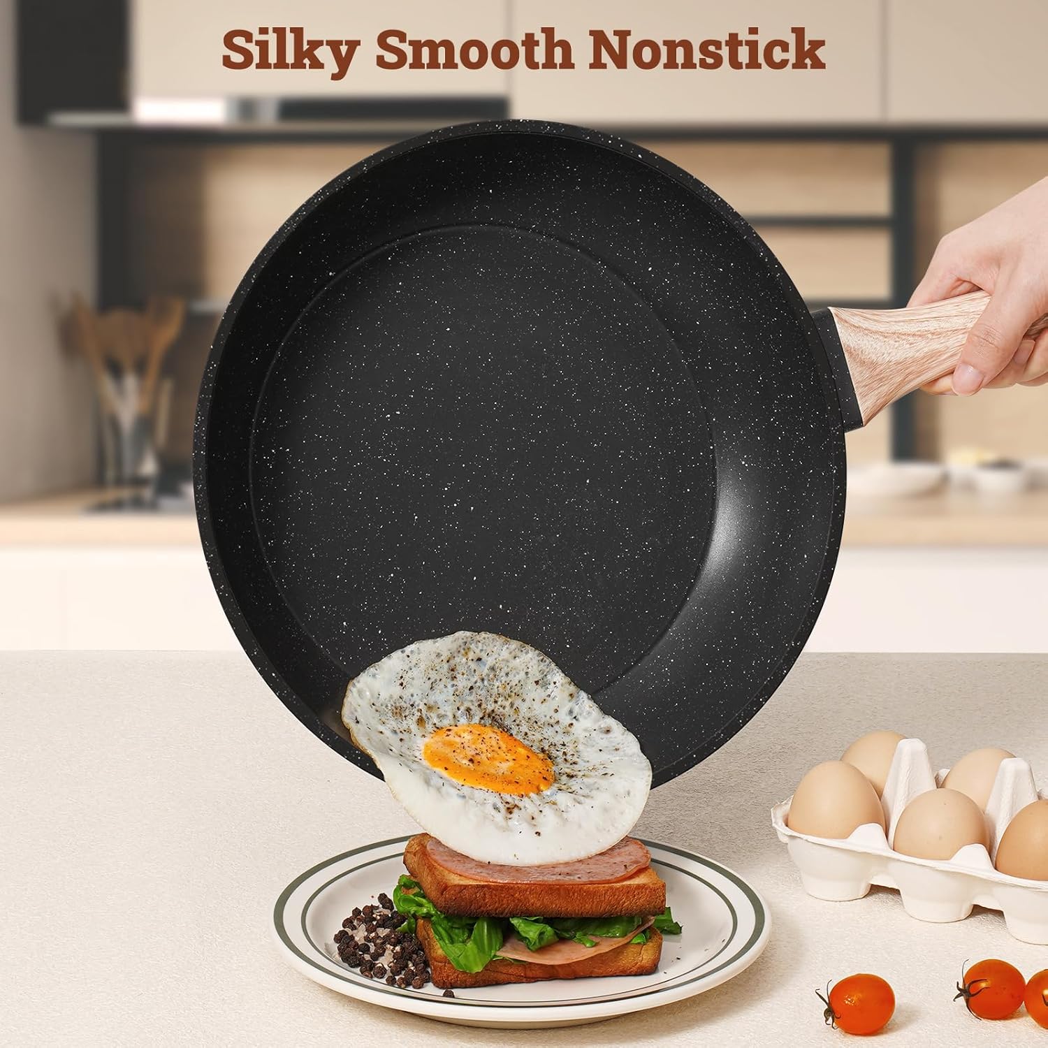 17 Pcs Pots and Pans Set Non Stick Kitchen Cookware Sets Nonstick Induction Cookware Non-toxic White Granite Cooking Tools with Stay-Cool Handles Silicone Tools, Pot Protectors