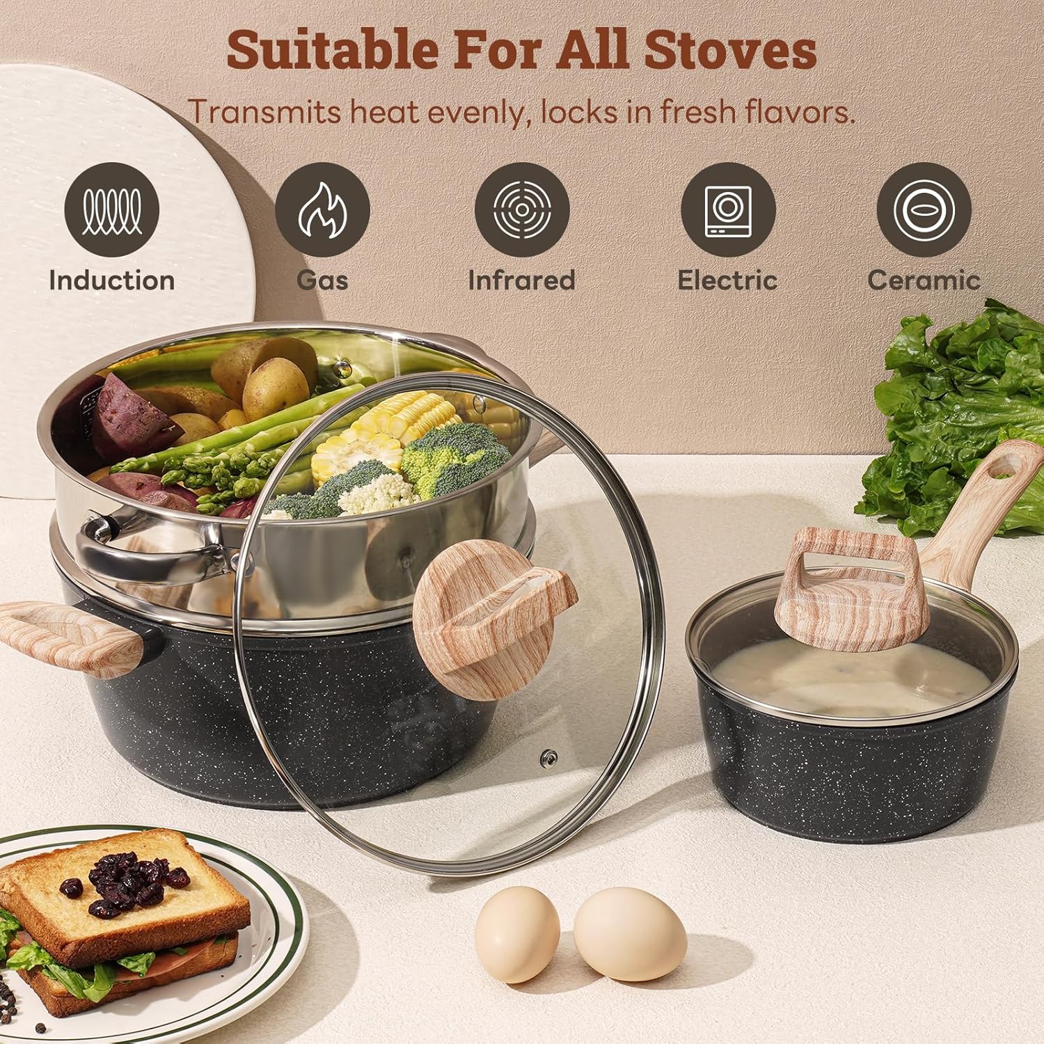 17 Pcs Pots and Pans Set Non Stick Kitchen Cookware Sets Nonstick Induction Cookware Non-toxic White Granite Cooking Tools with Stay-Cool Handles Silicone Tools, Pot Protectors