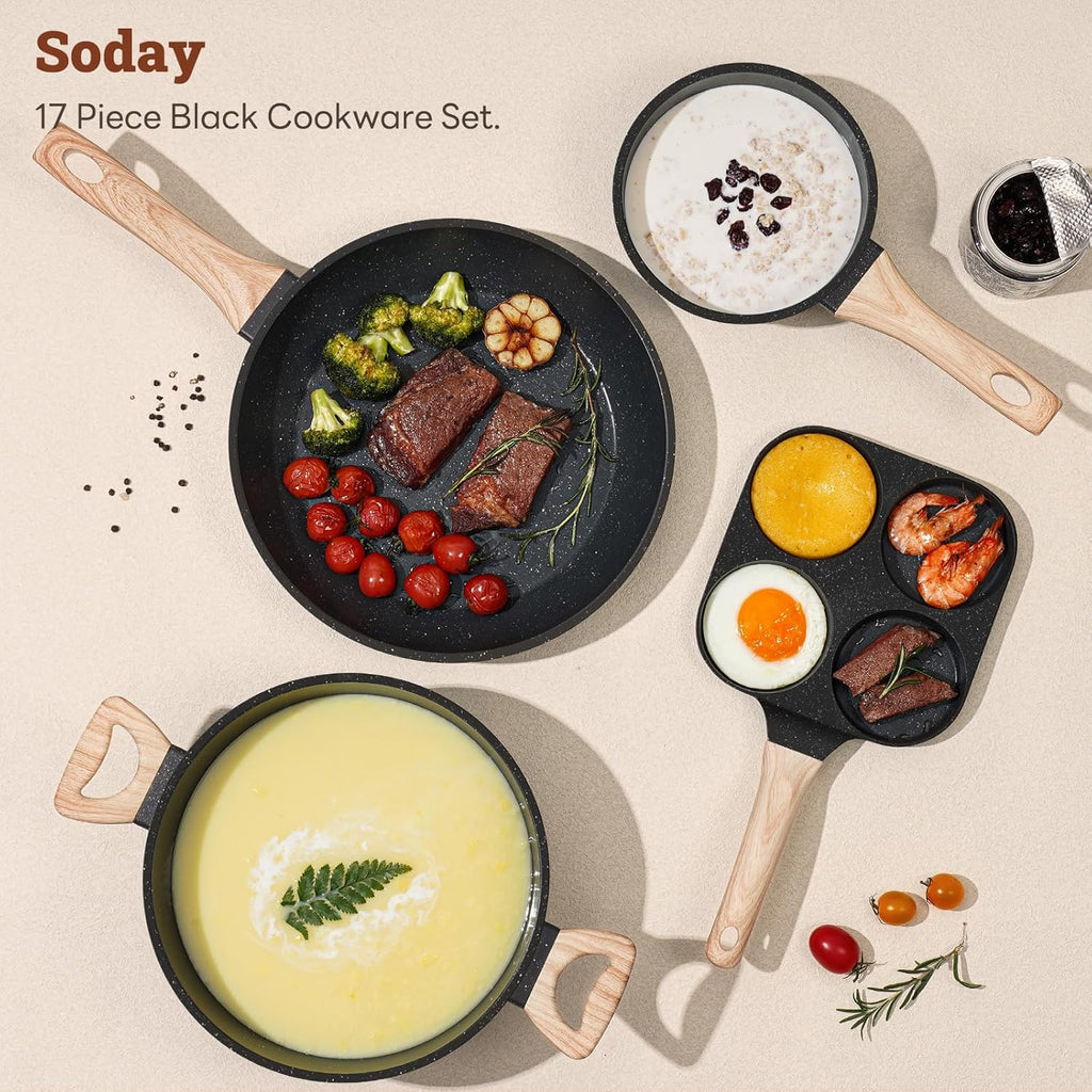 17 Pcs Pots and Pans Set Non Stick Kitchen Cookware Sets Nonstick Induction Cookware Non-toxic White Granite Cooking Tools with Stay-Cool Handles Silicone Tools, Pot Protectors