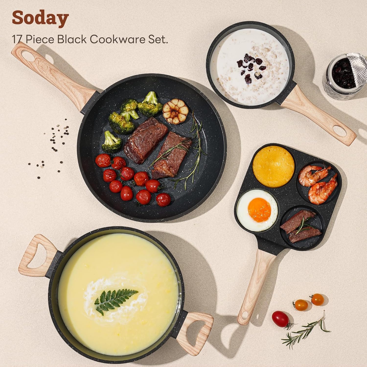 17 Pcs Pots and Pans Set Non Stick Kitchen Cookware Sets Nonstick Induction Cookware Non-toxic White Granite Cooking Tools with Stay-Cool Handles Silicone Tools, Pot Protectors