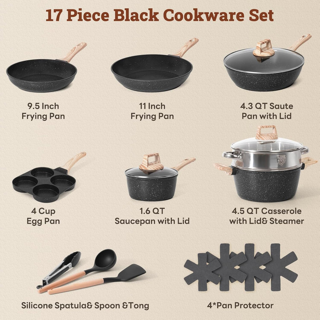 17 Pcs Pots and Pans Set Non Stick Kitchen Cookware Sets Nonstick Induction Cookware Non-toxic White Granite Cooking Tools with Stay-Cool Handles Silicone Tools, Pot Protectors