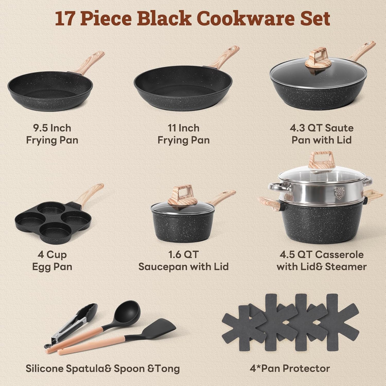 17 Pcs Pots and Pans Set Non Stick Kitchen Cookware Sets Nonstick Induction Cookware Non-toxic White Granite Cooking Tools with Stay-Cool Handles Silicone Tools, Pot Protectors
