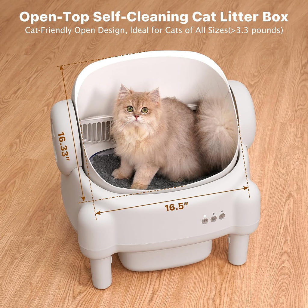 Self Cleaning Litter Box,Open Top Automatic Litter Box with App Control for Multiple Cats, Safety Sensors Protection, Odor Control Includes 2 roll Liners,Large Waste Bin, Cream White