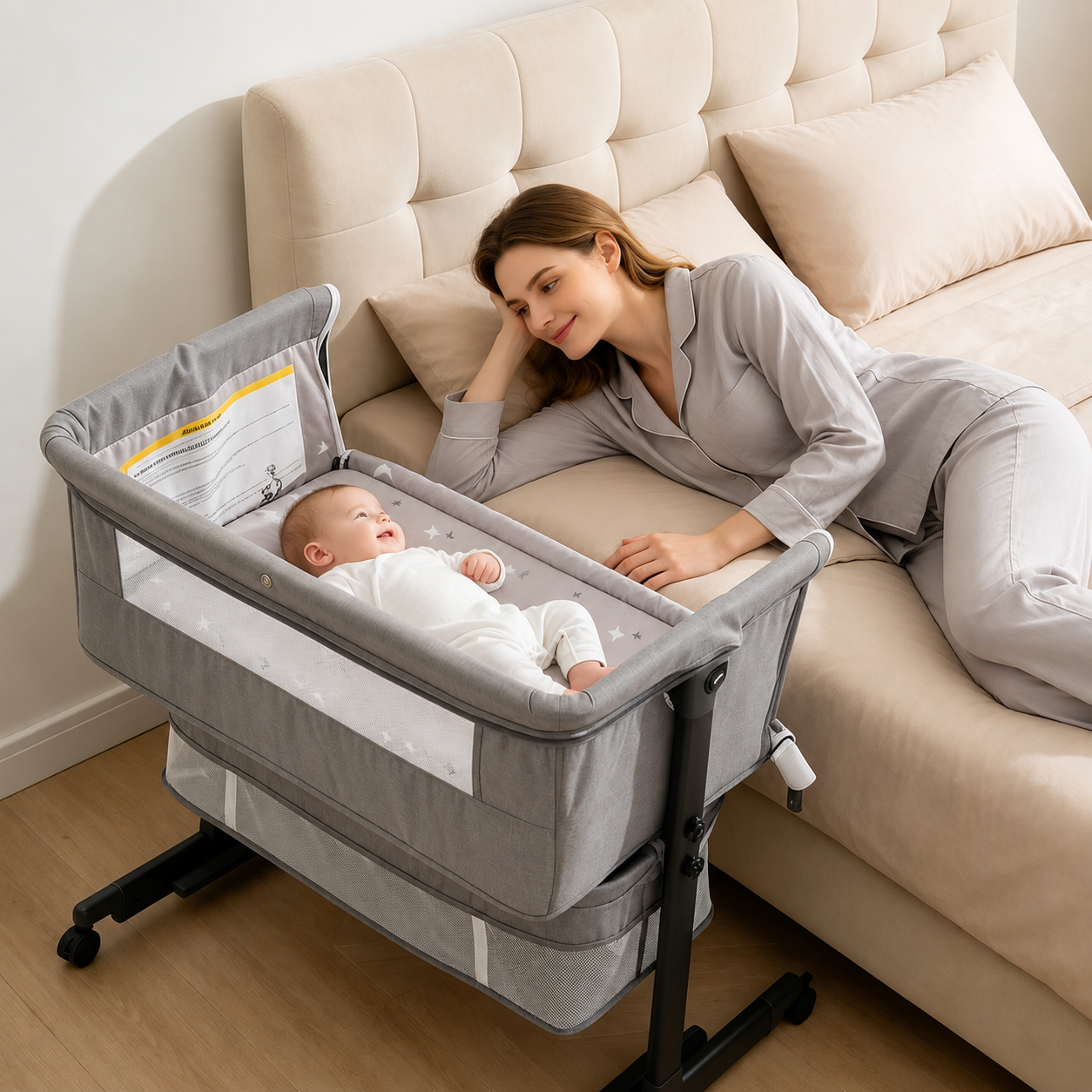 Baby Bassinet, 3 in 1 Bedside Bassinets for Baby, Bassinet Bedside Sleeper with Wheels, Adjustable Height with Rocking Mode, Breathable Mesh, Storage Basket, Easy Assemble & Folding