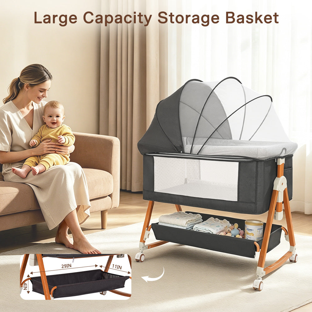 Baby Bassinet Sleeper, 6 Height Adjustable Cribs, Easy to Fold Portable Crib Side Bassinet, Swing Cradle Bed Side Sleeper with Ventilated NetWith Wheels