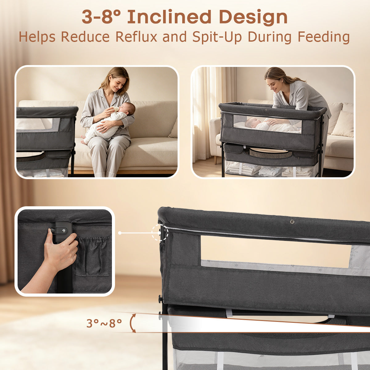 Baby Bassinet, 3 in 1 Bedside Bassinets for Baby, Bassinet Bedside Sleeper with Wheels, Adjustable Height with Rocking Mode, Breathable Mesh, Storage Basket, Easy Assemble & Folding