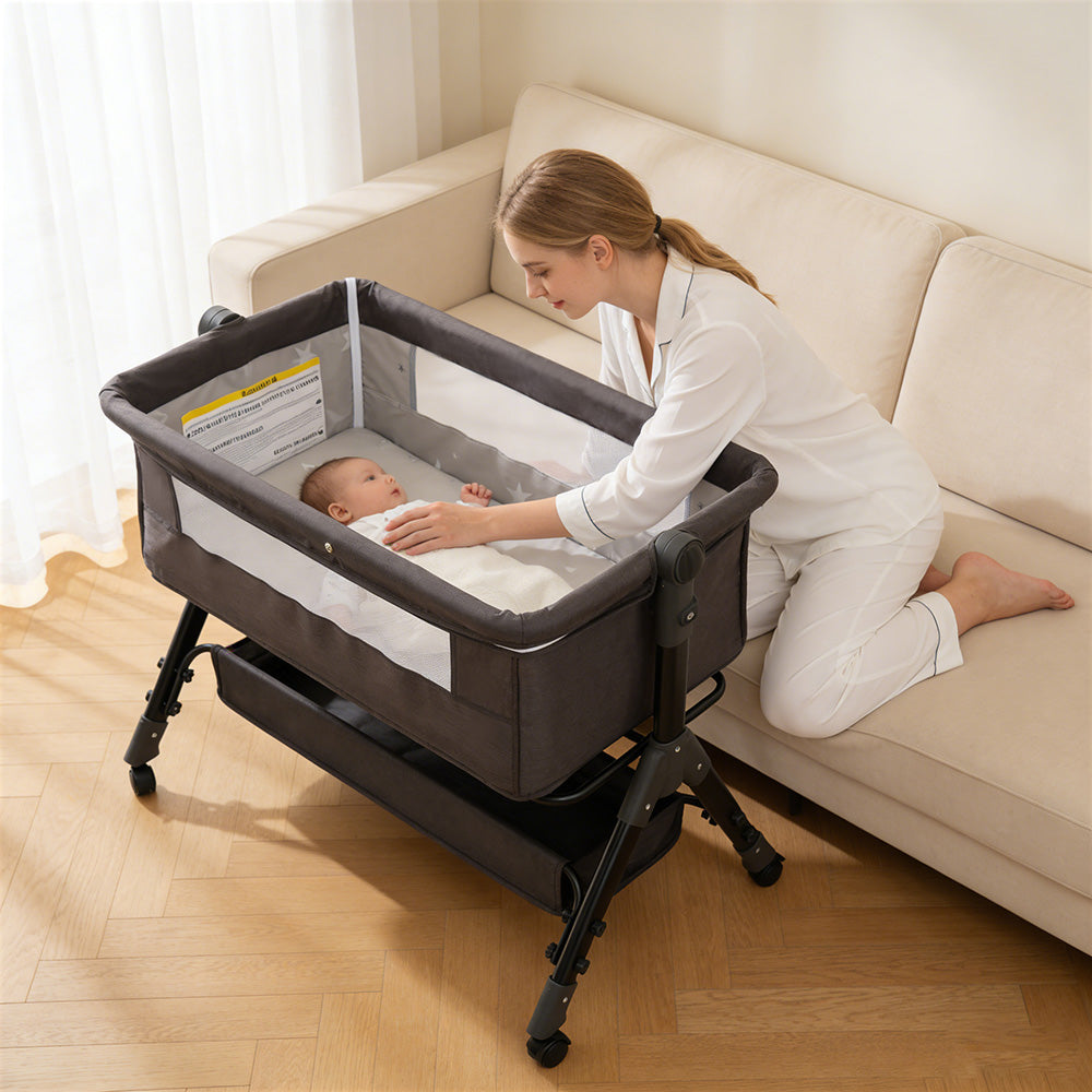Baby Bassinet Sleeper, Adjustable Baby Crib for Baby, Rocking Bassinets Bedside Sleeper, Easy to Fold Portable Crib Side Bassinet with Breathable Mesh and Wheels