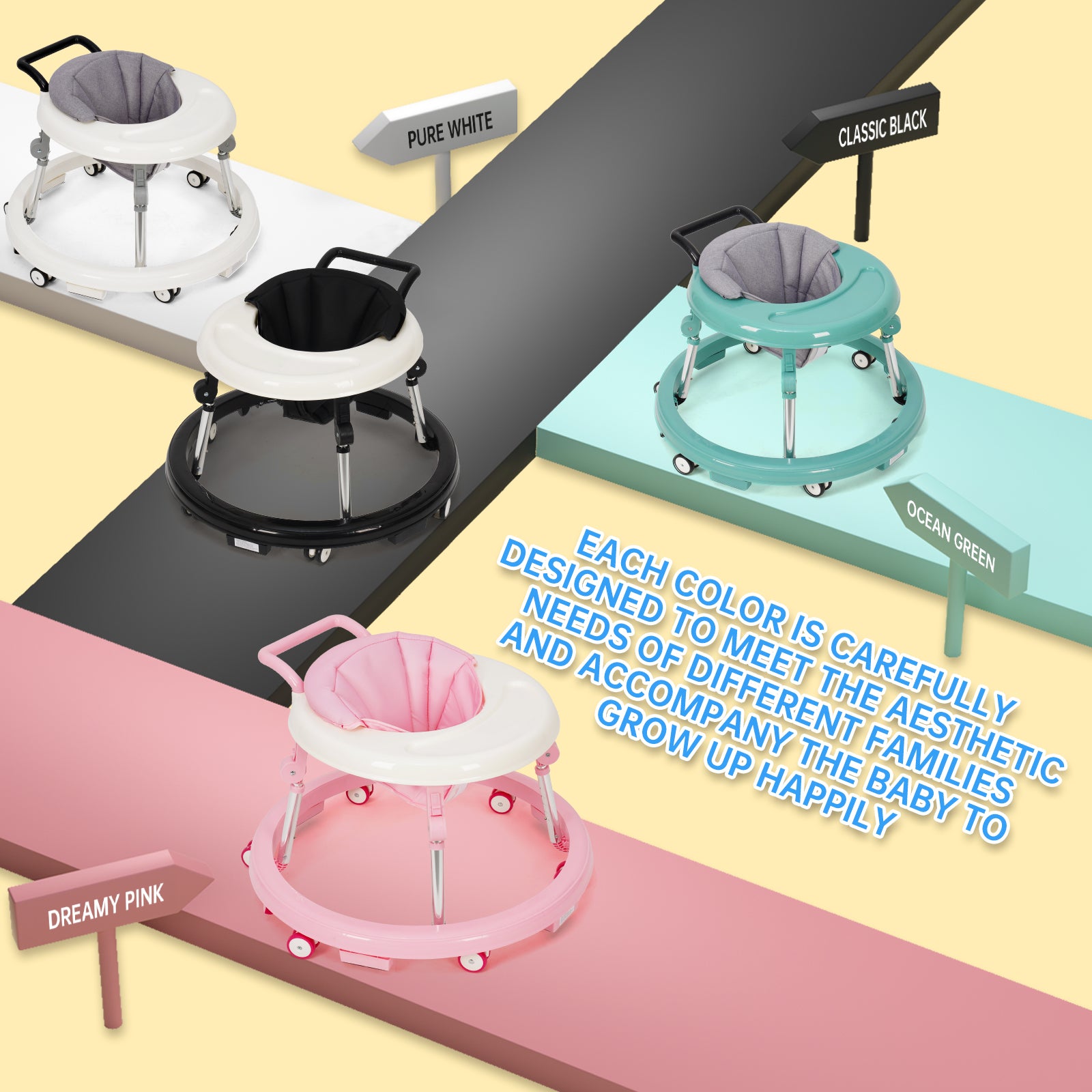 Baby Walker Foldable with 9 Adjustable Heights, Baby Walkers and Activity Center for Girls Boys Babies 7-18 Months, Baby Walker with Wheels Portable Anti-Rollover