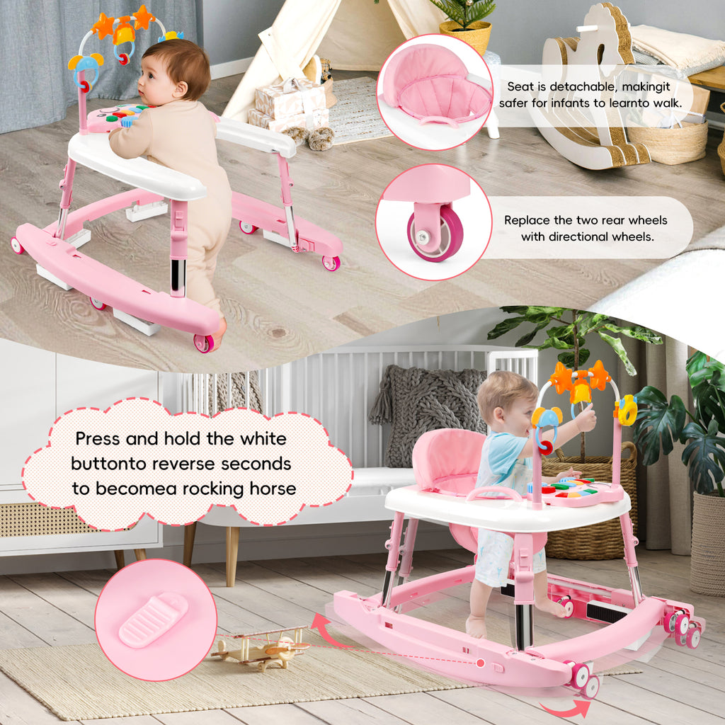 5-in-1 Music and Lights Baby Walker Foldable with 5 Adjustable Heights, Baby Walker with Wheels and Bouncer Combo Portable, Infant Toddler Walker for Baby Boy Girls 6-18 Months