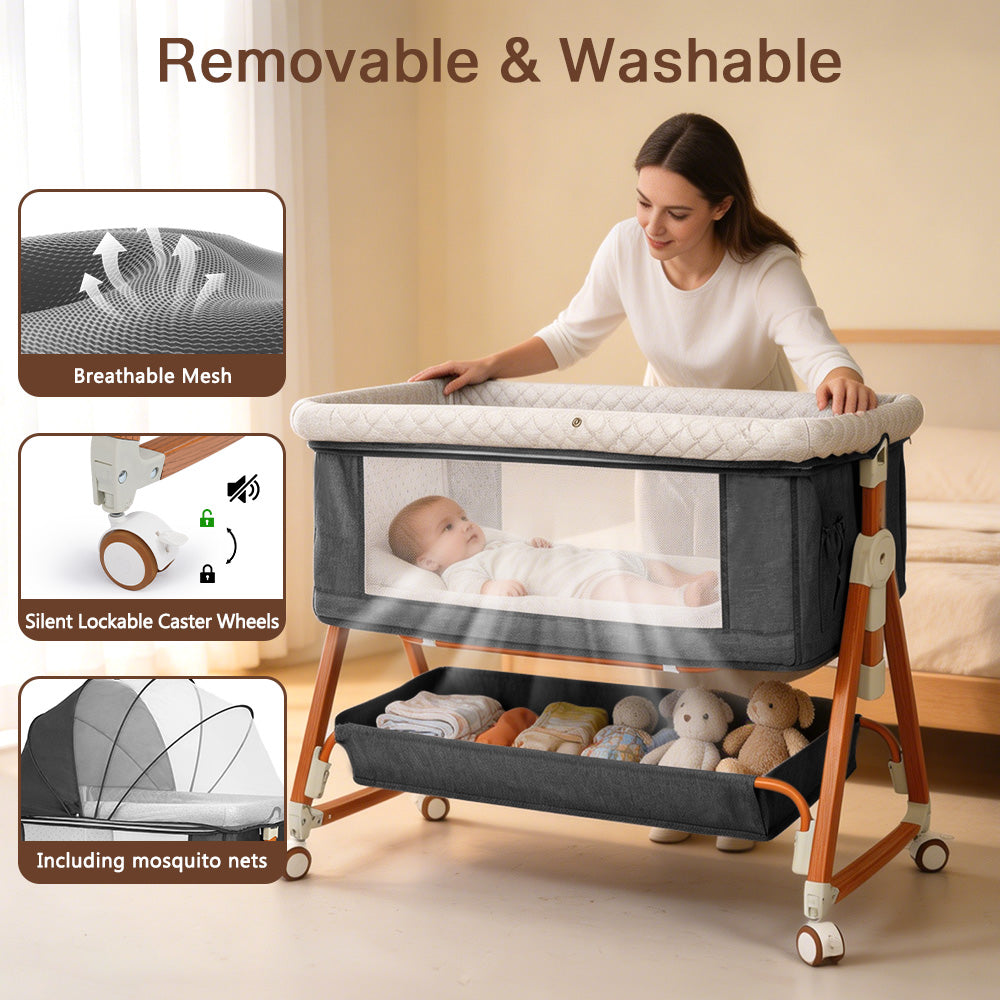 Baby Bassinet Sleeper, 6 Height Adjustable Cribs, Easy to Fold Portable Crib Side Bassinet, Swing Cradle Bed Side Sleeper with Ventilated NetWith Wheels