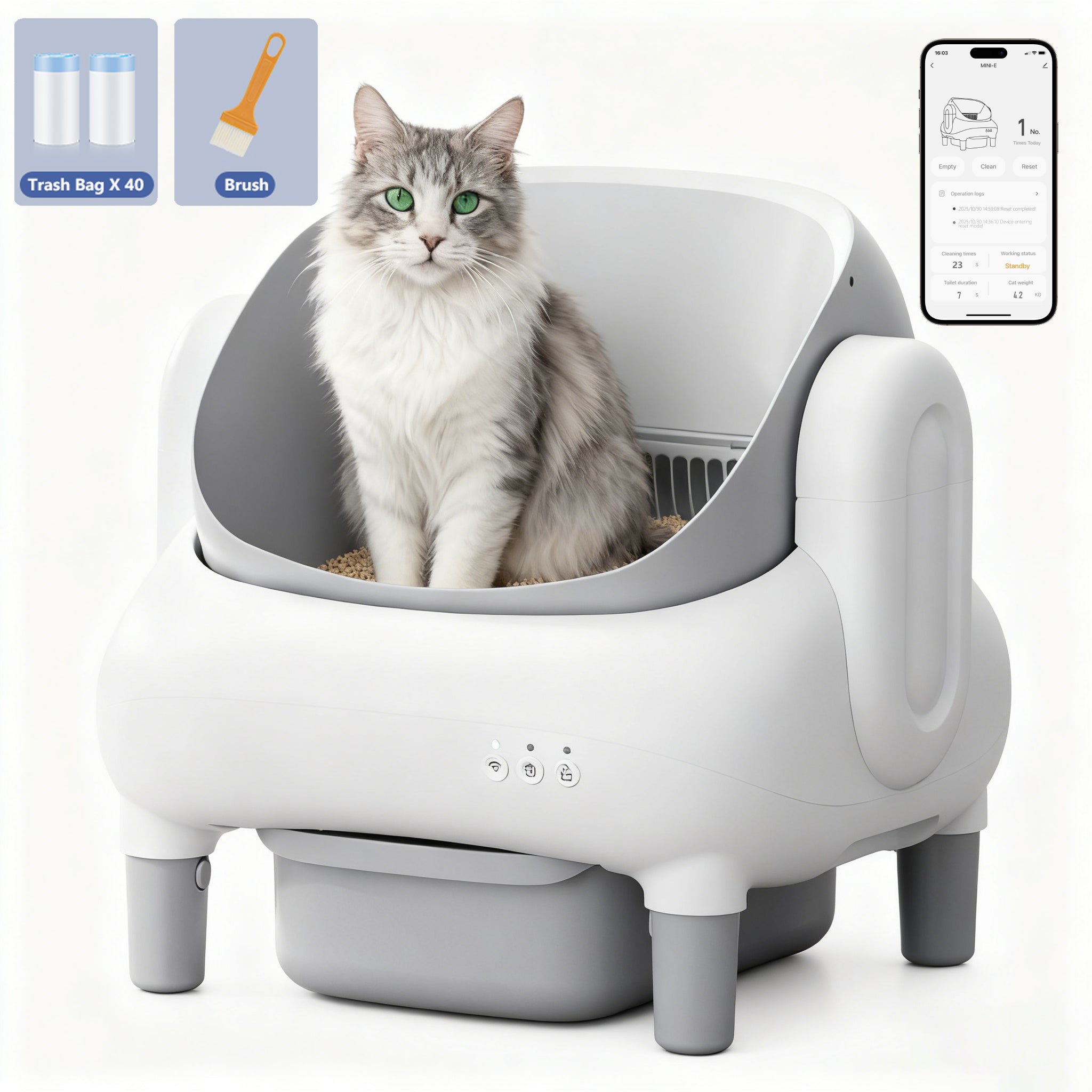 Cumrige E Self Cleaning Litter Box,Large Capacity Automatic Cat Litter Box Self Cleaning for Multiple Cats with App Control and Safety Protection,2 Roll Litter Bags,White