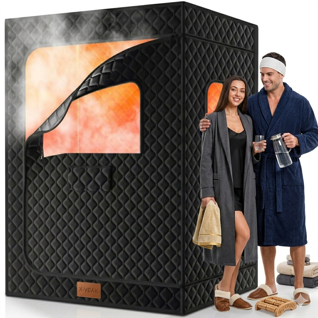 2 Person Sauna, Extra Large Sauna Box, Portable Steam Sauna Tent with 2 Steamers, 2 Folding Chair, 71”x 49”x 36”, Black