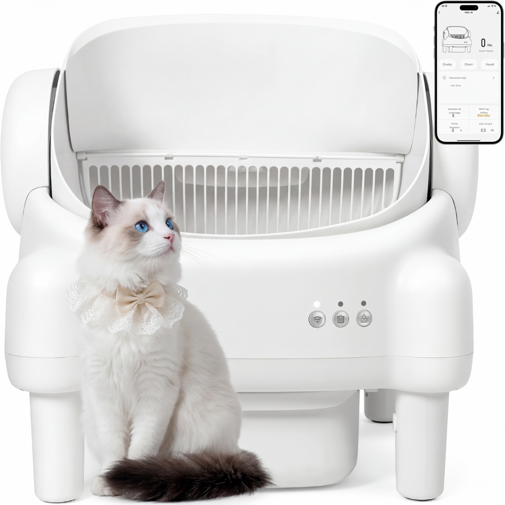 Self Cleaning Litter Box,Open Top Automatic Litter Box with App Control for Multiple Cats, Safety Sensors Protection, Odor Control Includes 2 roll Liners,Large Waste Bin, Cream White