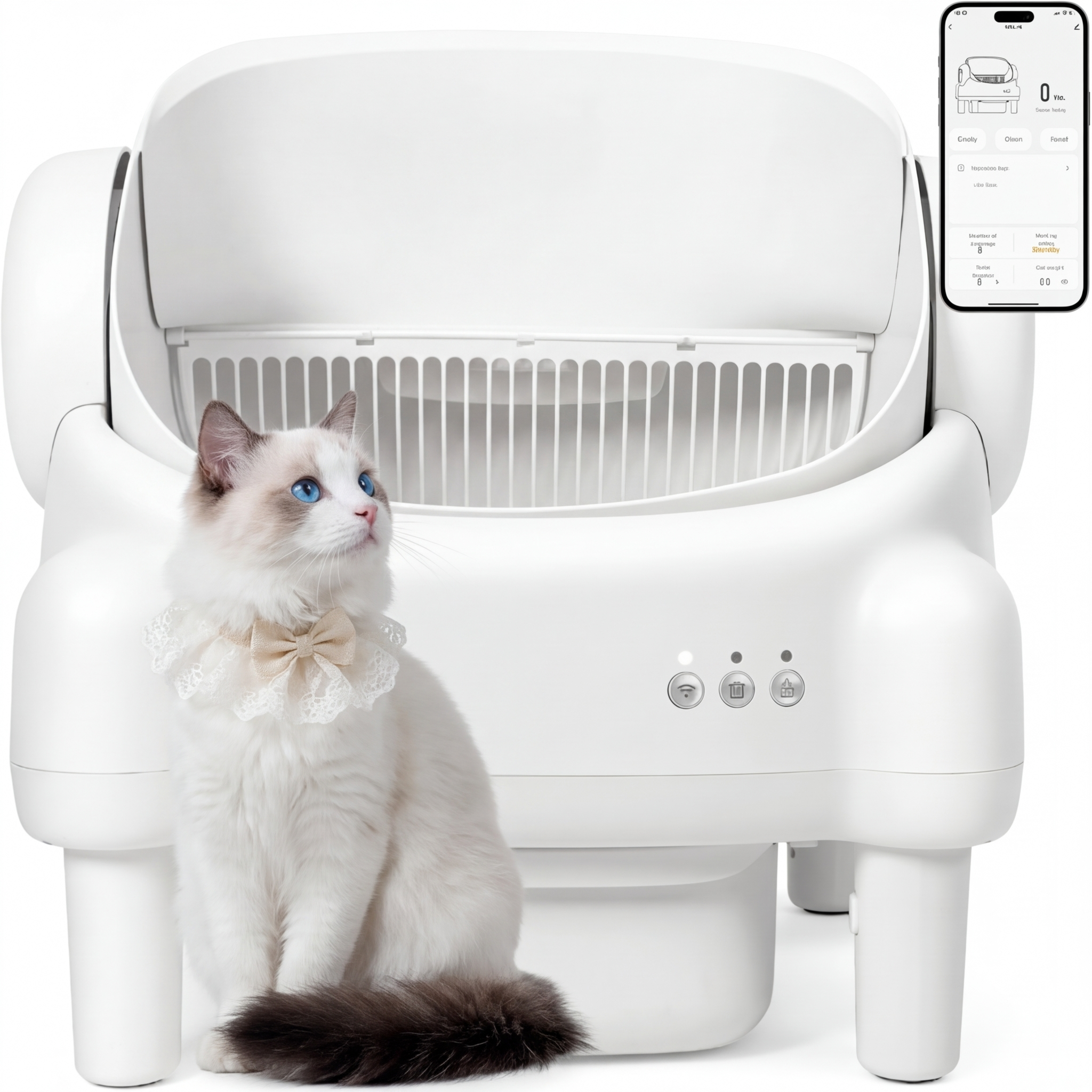 Self Cleaning Litter Box,Open Top Automatic Litter Box with App Control for Multiple Cats, Safety Sensors Protection, Odor Control Includes 2 roll Liners,Large Waste Bin, Cream White