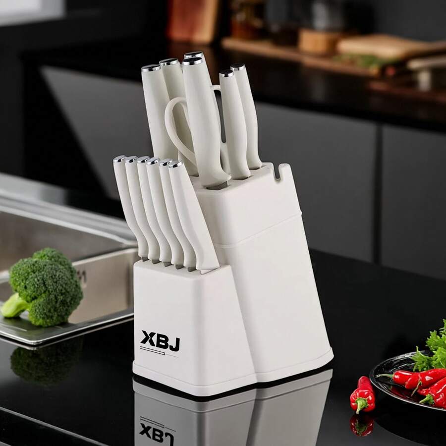 15-Piece Stainless Steel Knife Set with Block and Built-in Sharpener