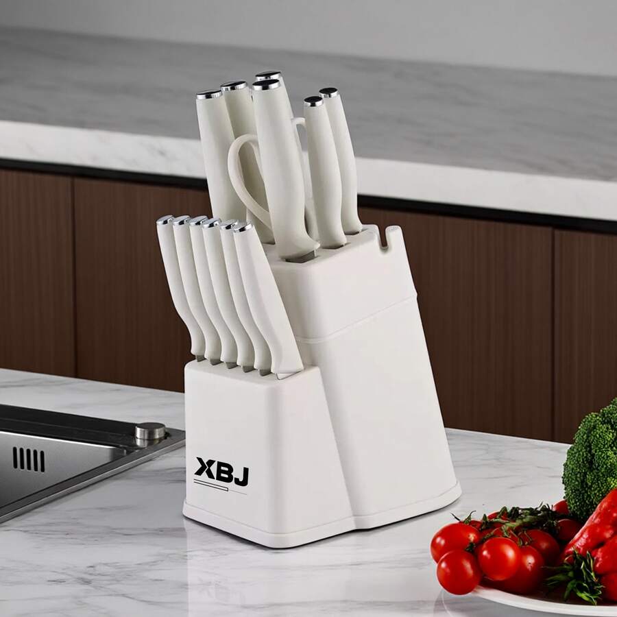 15-Piece Stainless Steel Knife Set with Block and Built-in Sharpener