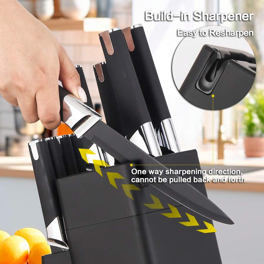 13-Piece High Carbon Stainless Steel Kitchen Knife Set with Wooden Block, Sharpener & Anti-Slip Handle - Dishwasher Safe