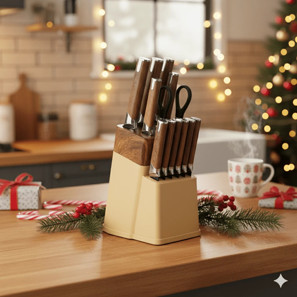 13-Piece High Carbon Stainless Steel Kitchen Knife Set with Wooden Block, Sharpener & Anti-Slip Handle - Dishwasher Safe