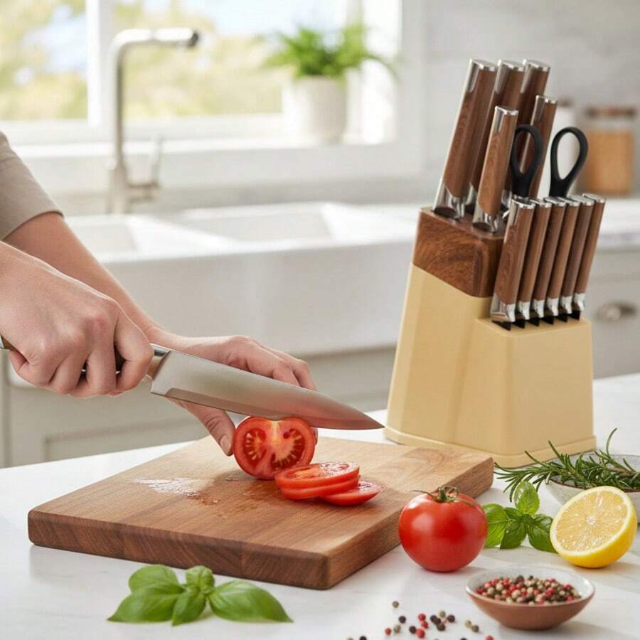 13-Piece High Carbon Stainless Steel Kitchen Knife Set with Wooden Block, Sharpener & Anti-Slip Handle - Dishwasher Safe