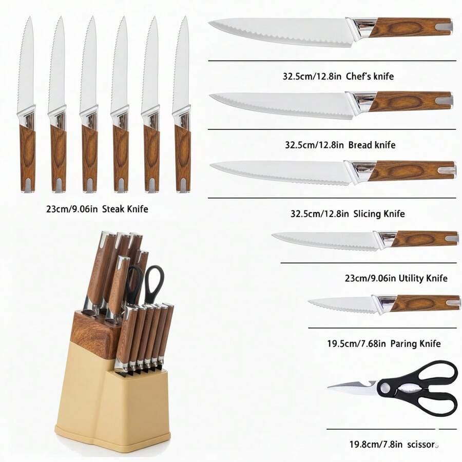 13-Piece High Carbon Stainless Steel Kitchen Knife Set with Wooden Block, Sharpener & Anti-Slip Handle - Dishwasher Safe