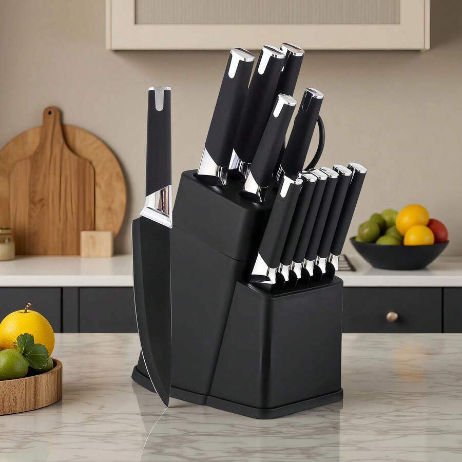 13-Piece High Carbon Stainless Steel Kitchen Knife Set with Wooden Block, Sharpener & Anti-Slip Handle - Dishwasher Safe