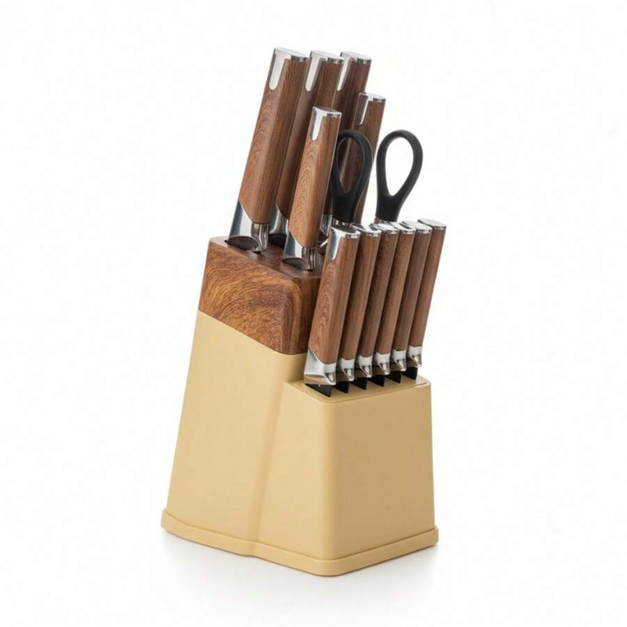 13-Piece High Carbon Stainless Steel Kitchen Knife Set with Wooden Block, Sharpener & Anti-Slip Handle - Dishwasher Safe